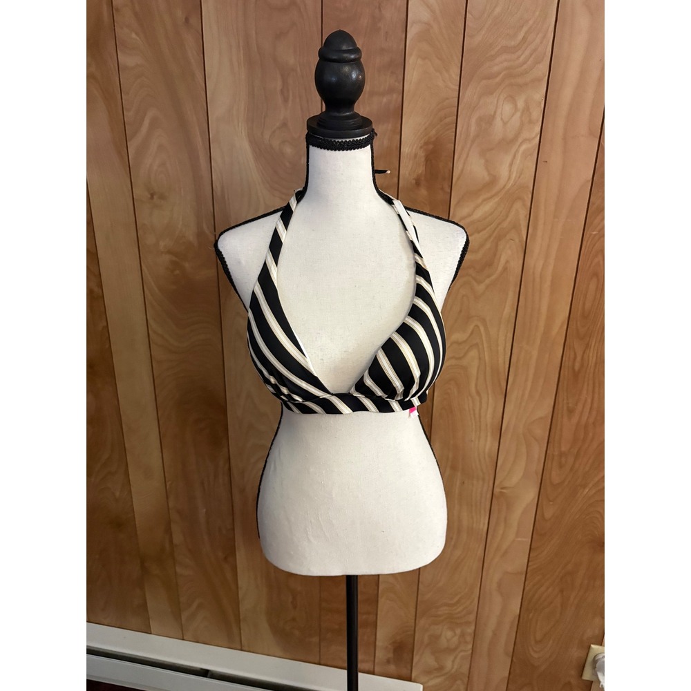 Victoria's Secret Black Gold White Striped Halter Bikini Top Medium M